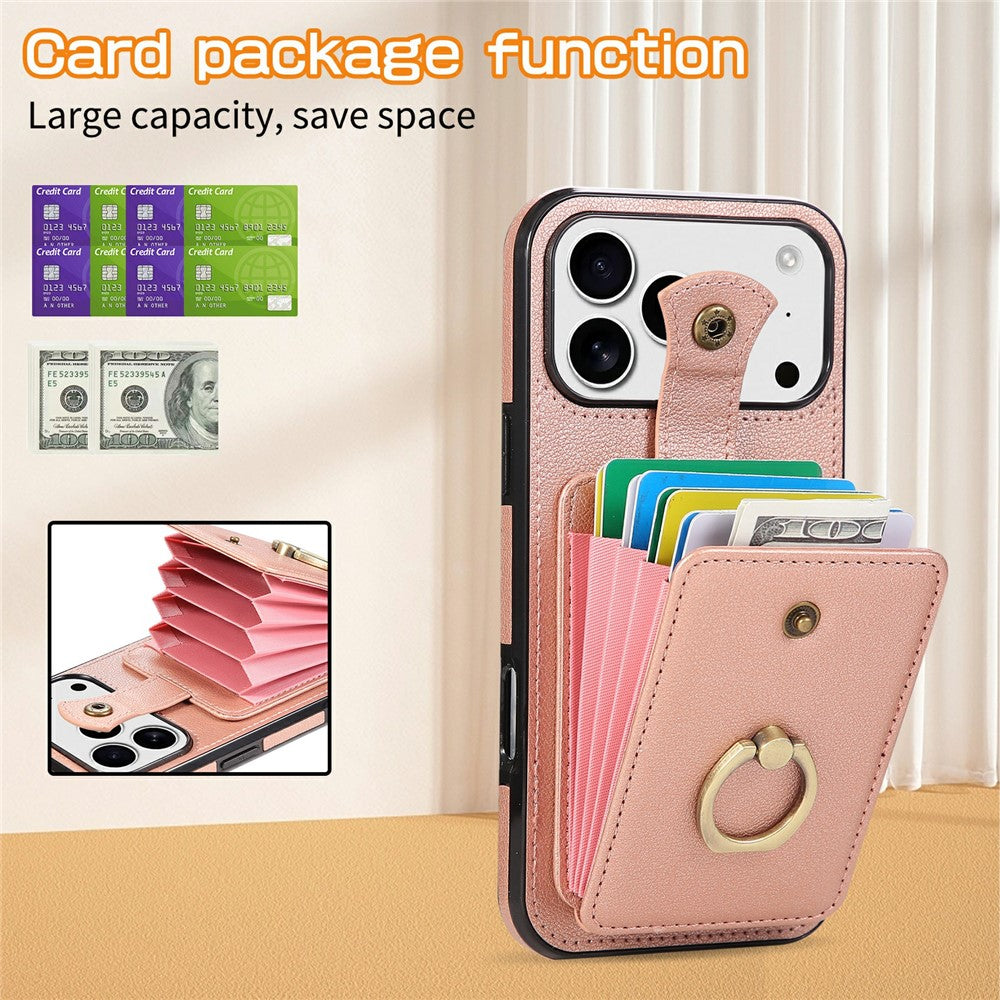 For iPhone 17 Pro Max Case Card Holder Ring Kickstand TPU + PU Leather Phone Cover with Long Strap - Rose Gold