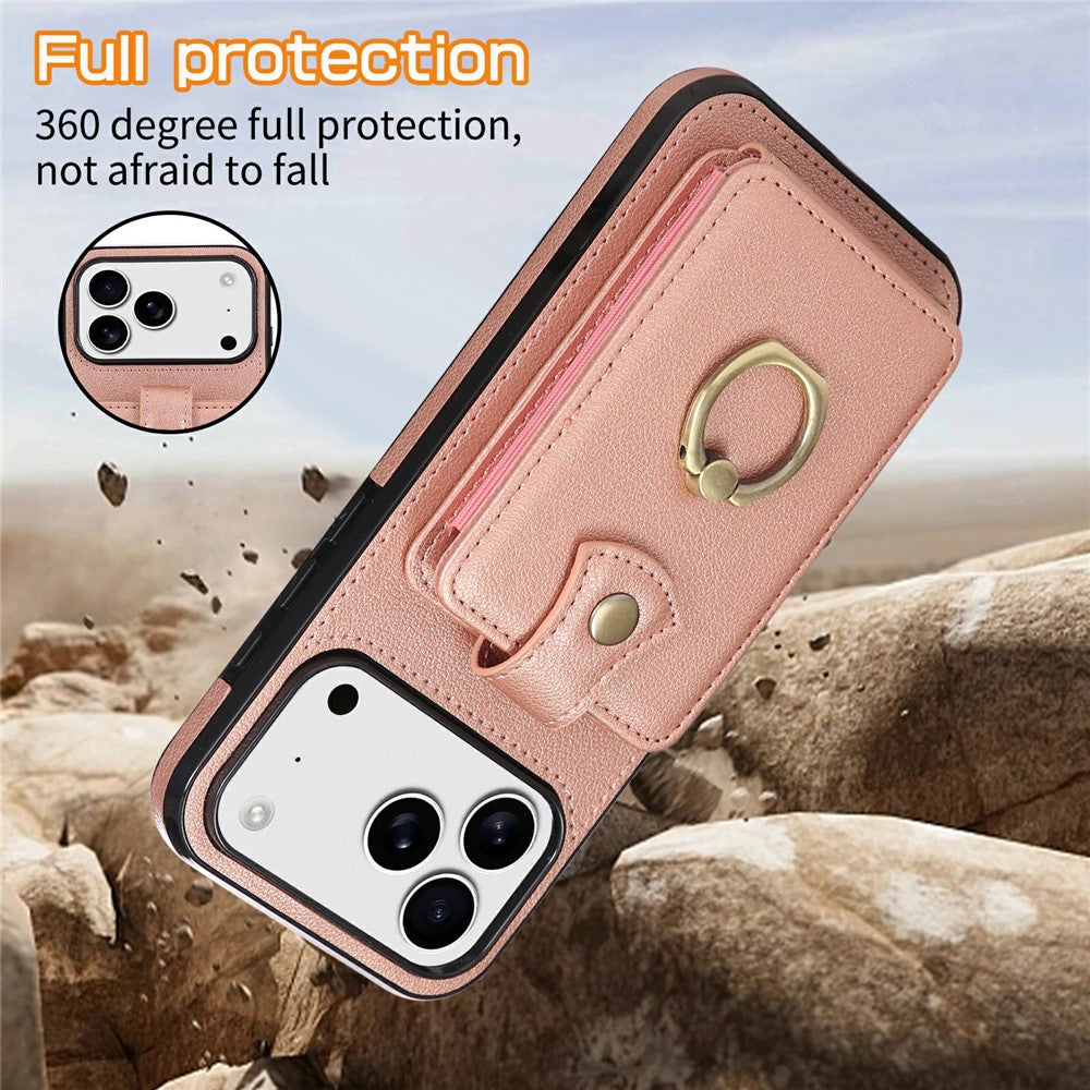 For iPhone 17 Pro Max Case Card Holder Ring Kickstand TPU + PU Leather Phone Cover with Long Strap - Rose Gold