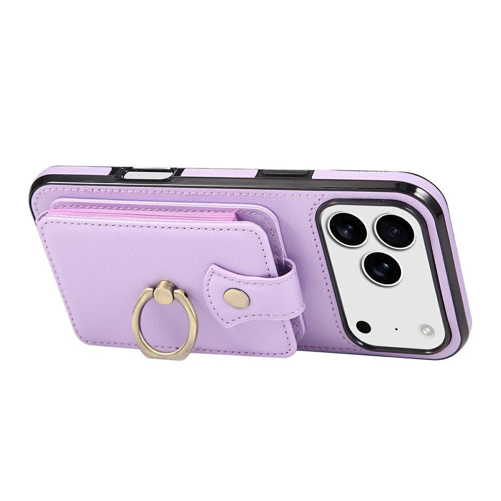 For iPhone 17 Pro Max Case Card Holder Ring Kickstand TPU + PU Leather Phone Cover with Long Strap - Purple