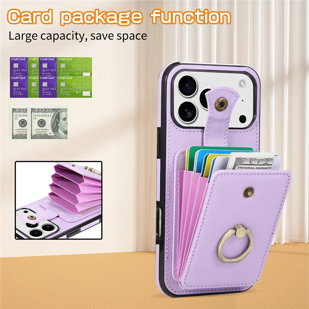 For iPhone 17 Pro Max Case Card Holder Ring Kickstand TPU + PU Leather Phone Cover with Long Strap - Purple