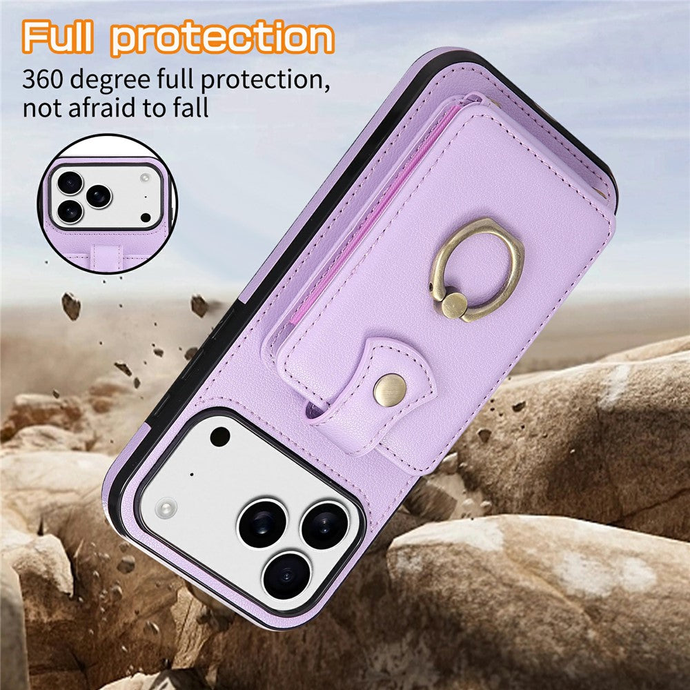 For iPhone 17 Pro Max Case Card Holder Ring Kickstand TPU + PU Leather Phone Cover with Long Strap - Purple