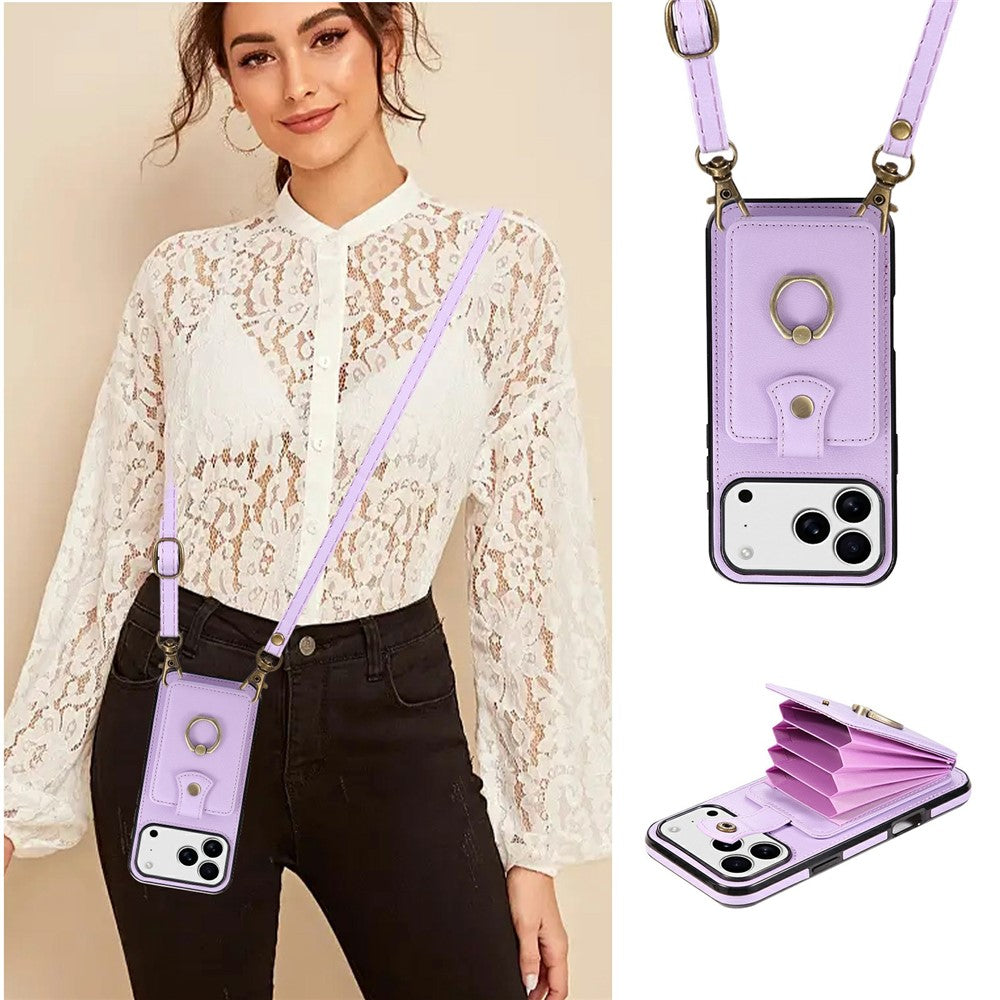 For iPhone 17 Pro Max Case Card Holder Ring Kickstand TPU + PU Leather Phone Cover with Long Strap - Purple