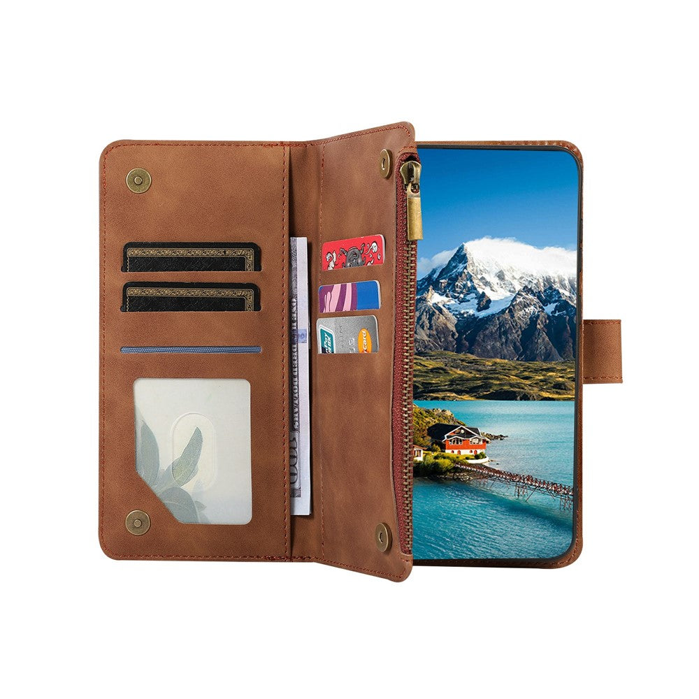 For iPhone 17 Pro Max Case 9 Card Slots Rhombus Design Leather Phone Cover with Wrist Strap - Brown