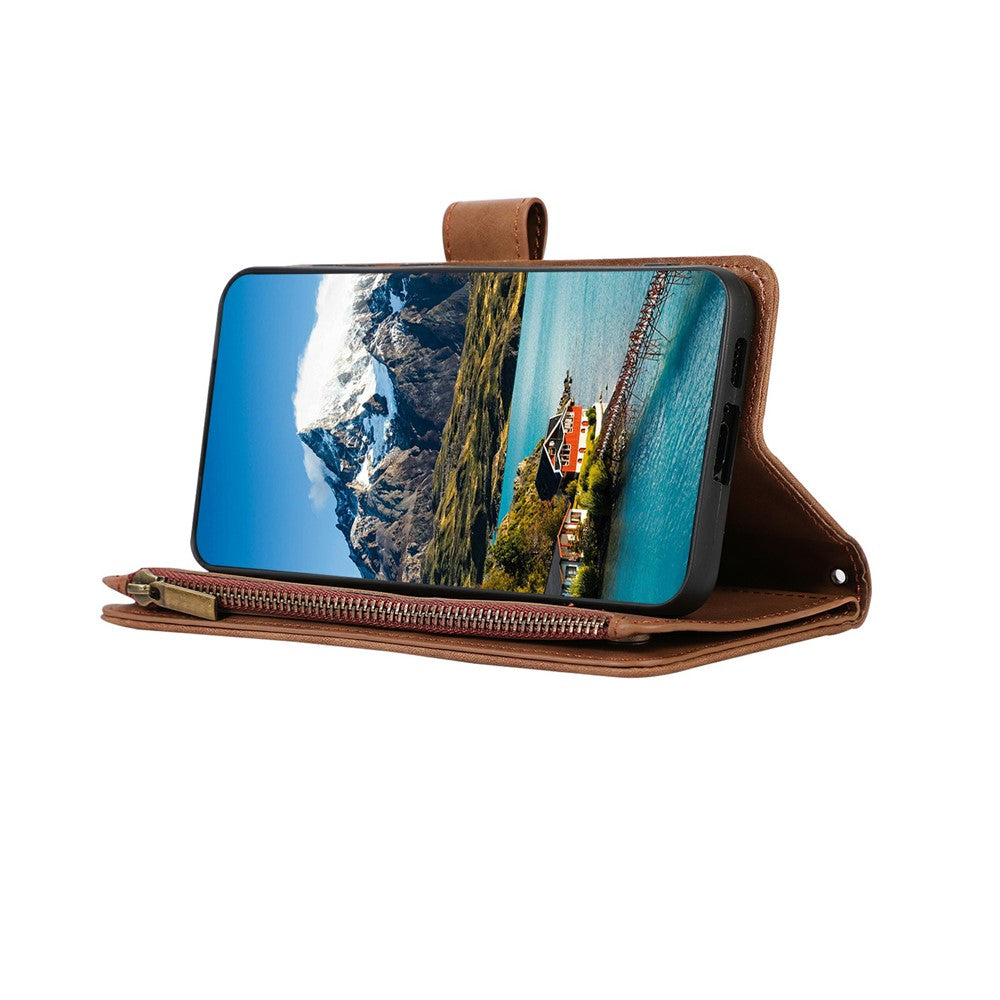 For iPhone 17 Pro Max Case 9 Card Slots Rhombus Design Leather Phone Cover with Wrist Strap - Brown