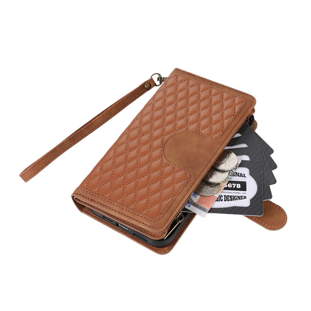 For iPhone 17 Pro Max Case 9 Card Slots Rhombus Design Leather Phone Cover with Wrist Strap - Brown