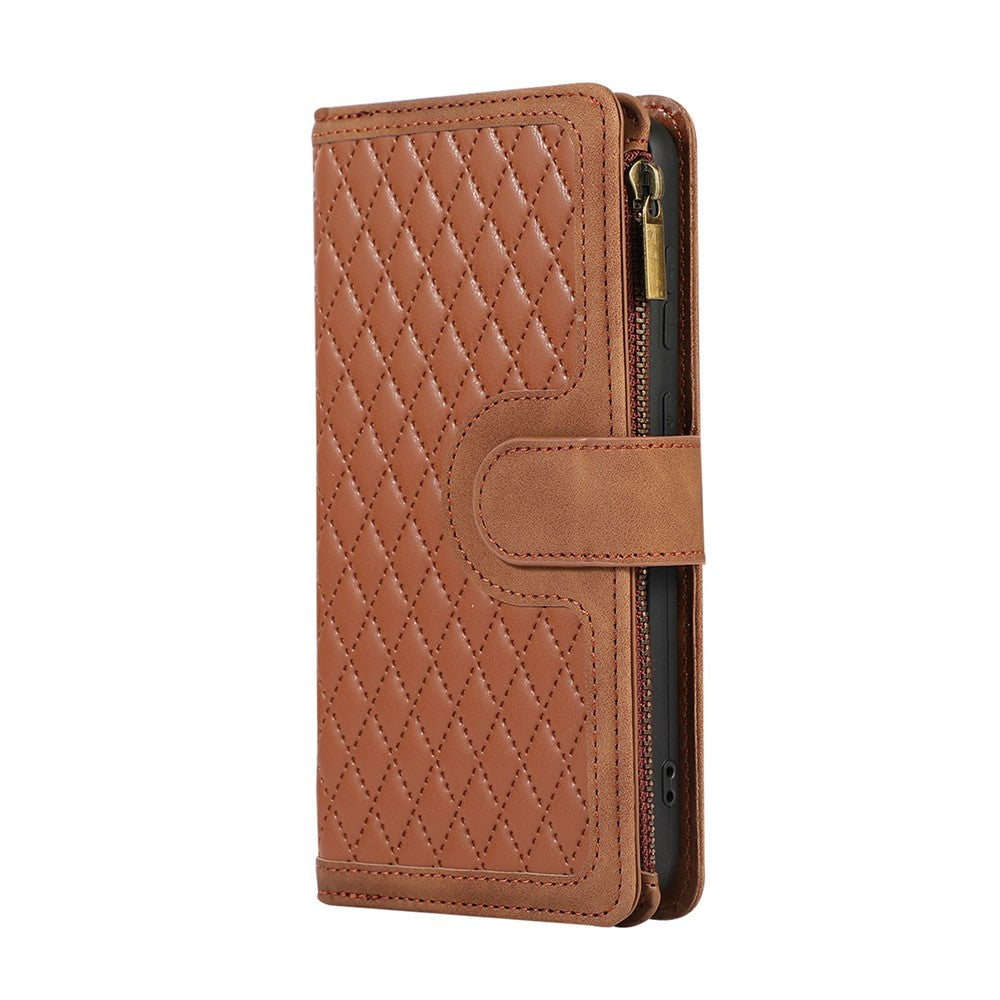For iPhone 17 Pro Max Case 9 Card Slots Rhombus Design Leather Phone Cover with Wrist Strap - Brown