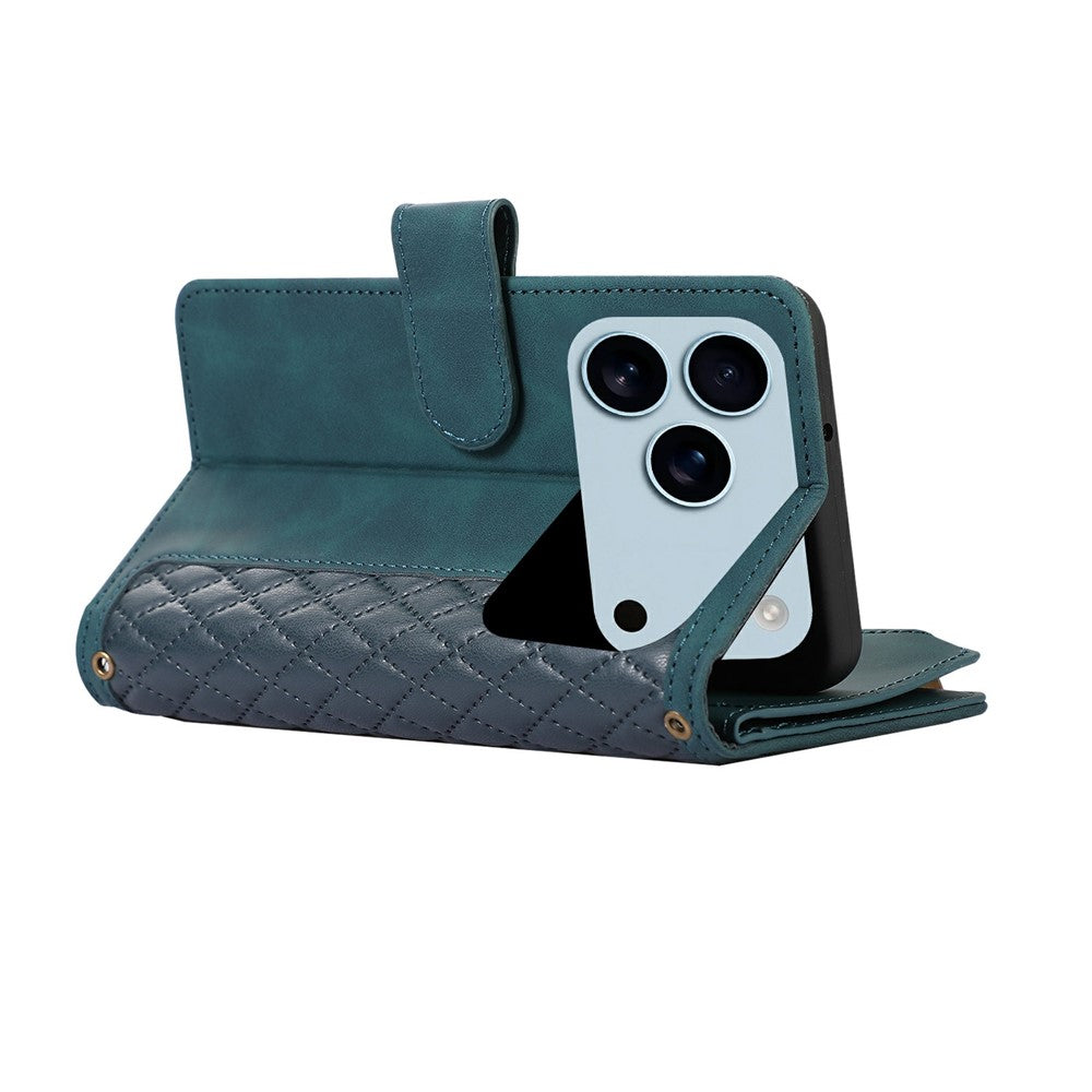 For iPhone 17 Pro Max Case 9 Card Slots Rhombus Design Leather Phone Cover with Wrist Strap - Blue