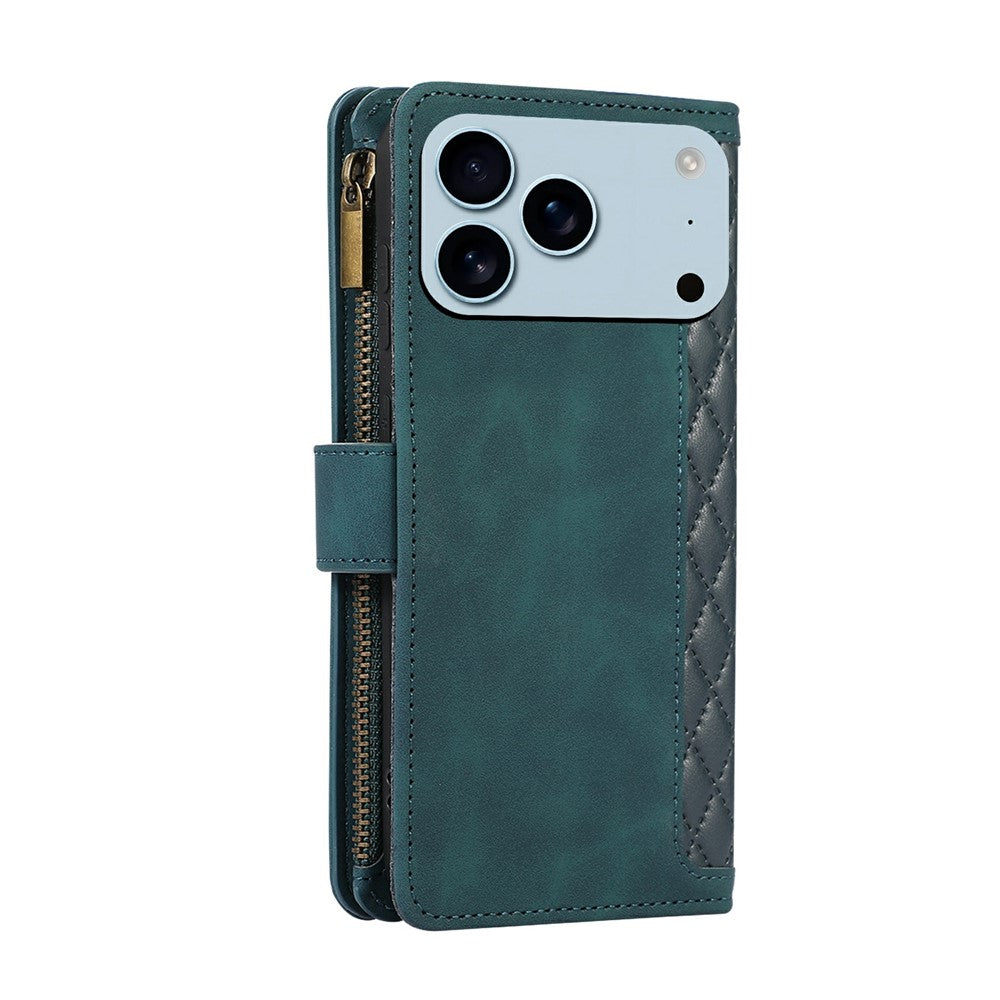 For iPhone 17 Pro Max Case 9 Card Slots Rhombus Design Leather Phone Cover with Wrist Strap - Blue