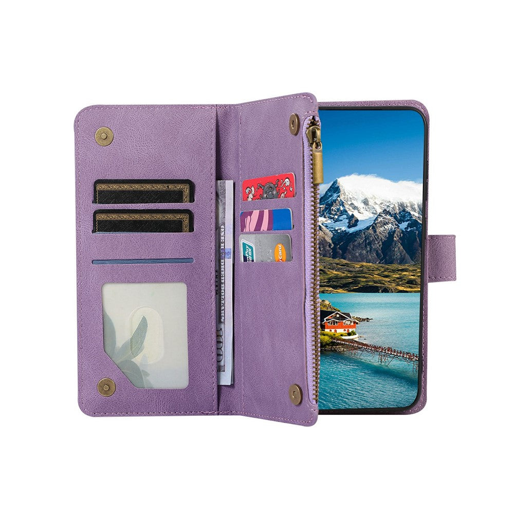 For iPhone 17 Pro Max Case 9 Card Slots Rhombus Design Leather Phone Cover with Wrist Strap - Purple
