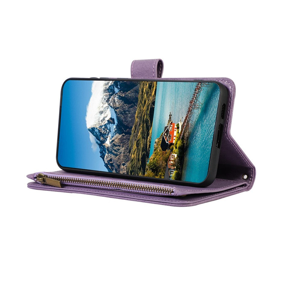 For iPhone 17 Pro Max Case 9 Card Slots Rhombus Design Leather Phone Cover with Wrist Strap - Purple