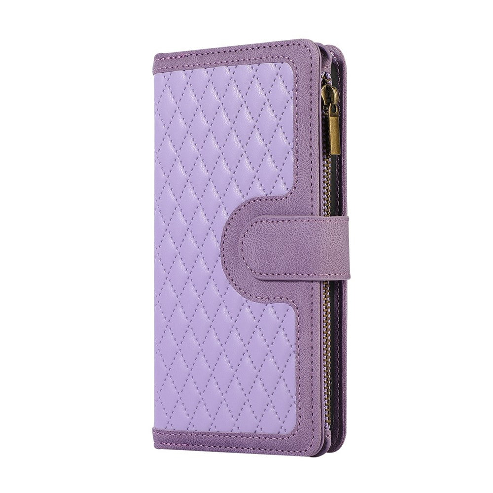 For iPhone 17 Pro Max Case 9 Card Slots Rhombus Design Leather Phone Cover with Wrist Strap - Purple