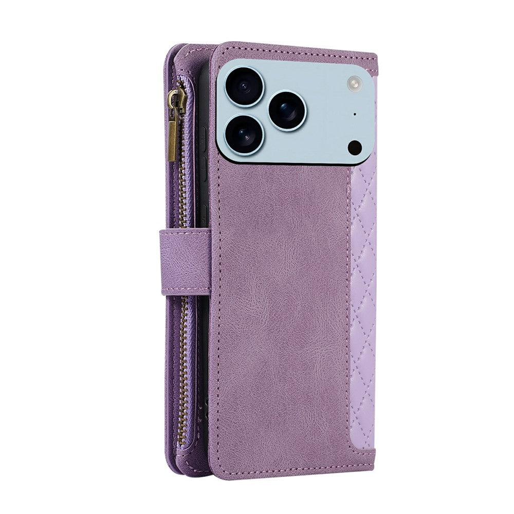 For iPhone 17 Pro Max Case 9 Card Slots Rhombus Design Leather Phone Cover with Wrist Strap - Purple