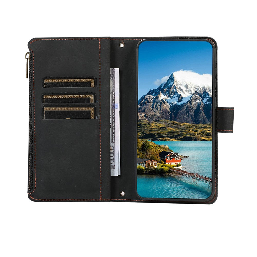 For iPhone 17 Pro Max Case 9 Card Slots Rhombus Design Leather Phone Cover with Wrist Strap - Black