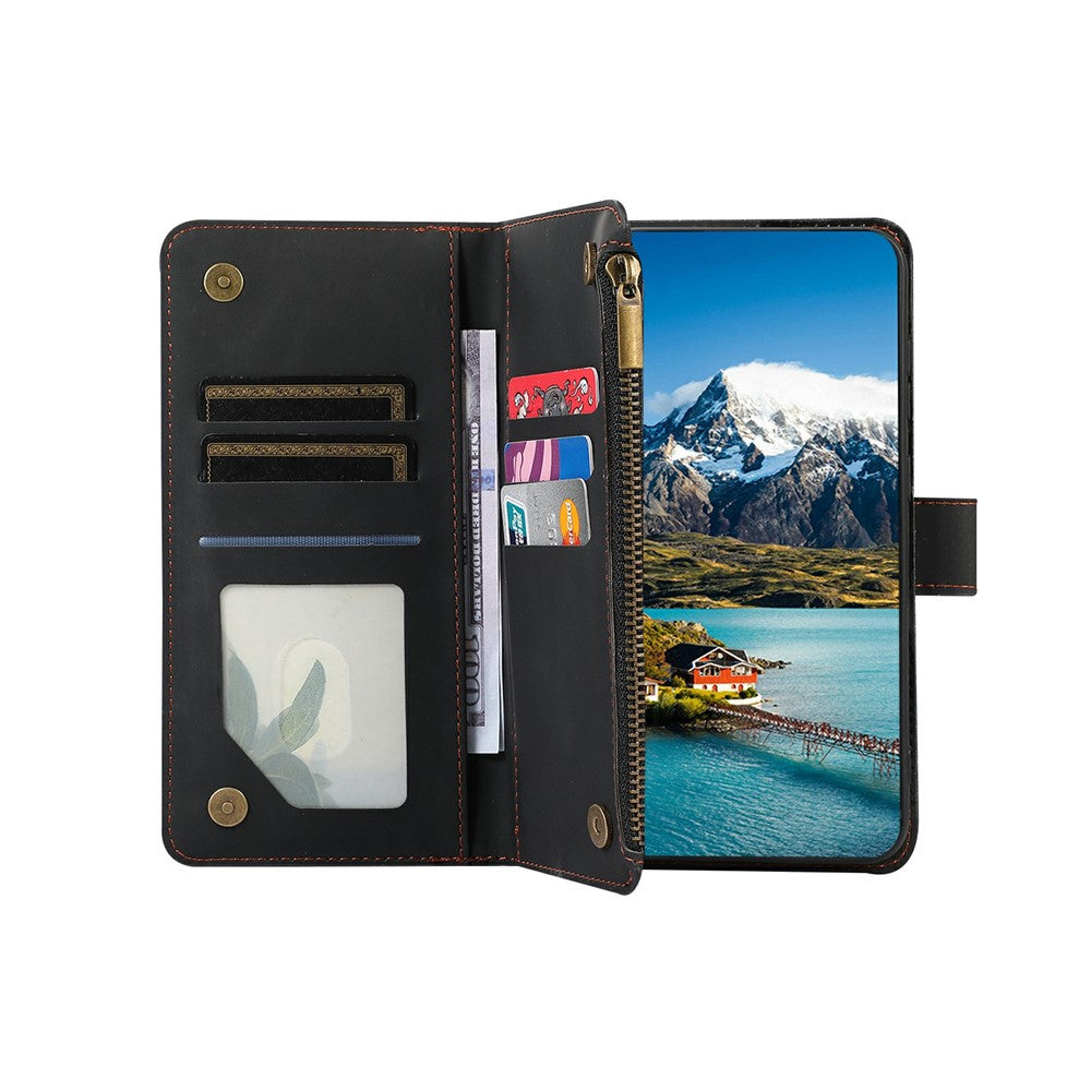 For iPhone 17 Pro Max Case 9 Card Slots Rhombus Design Leather Phone Cover with Wrist Strap - Black