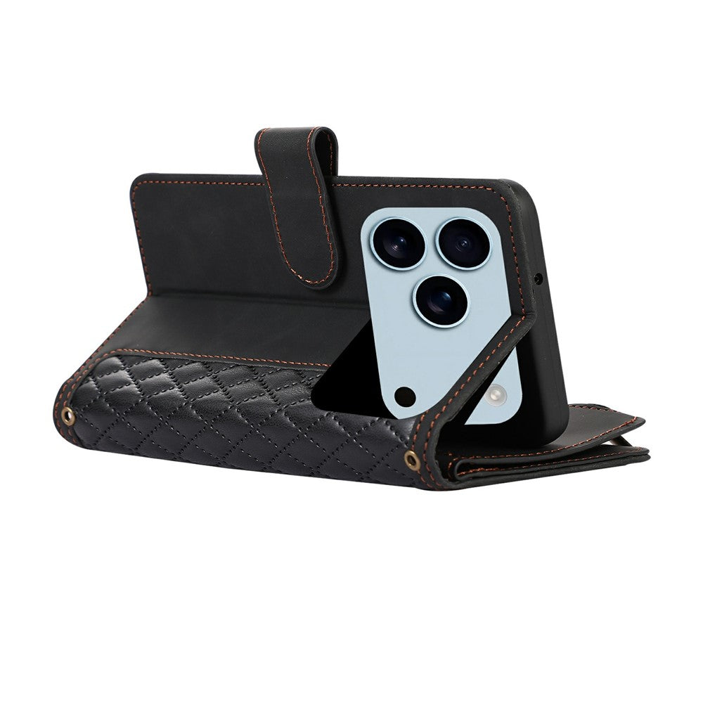 For iPhone 17 Pro Max Case 9 Card Slots Rhombus Design Leather Phone Cover with Wrist Strap - Black