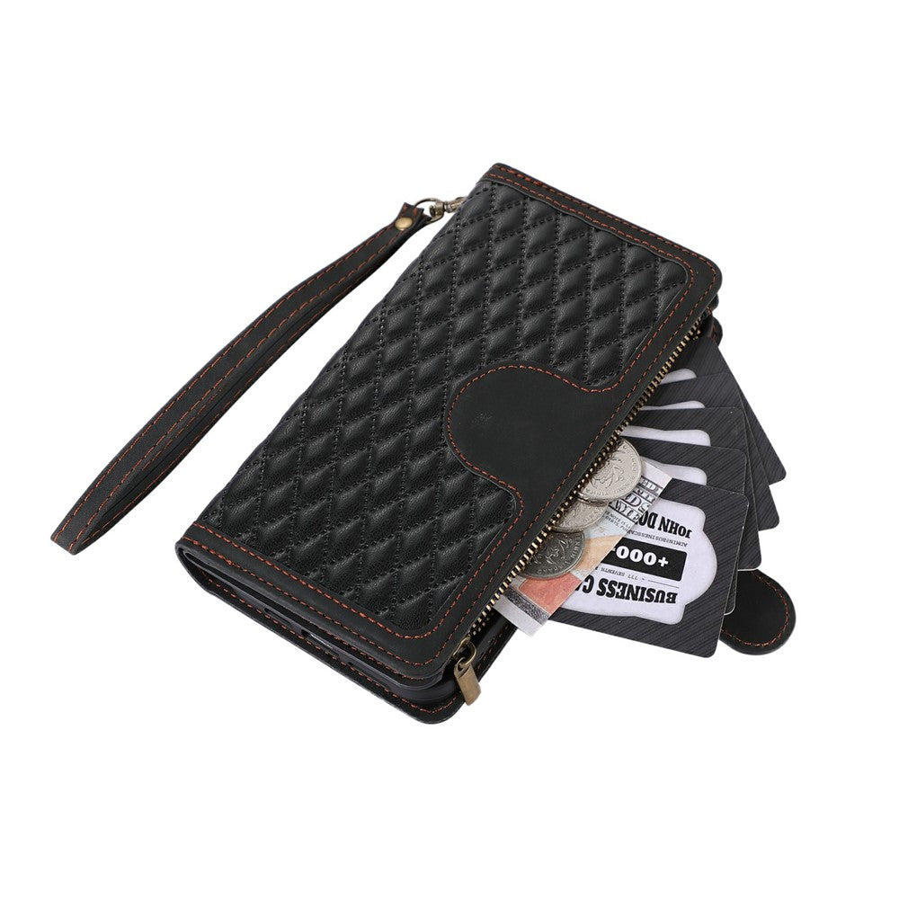 For iPhone 17 Pro Max Case 9 Card Slots Rhombus Design Leather Phone Cover with Wrist Strap - Black