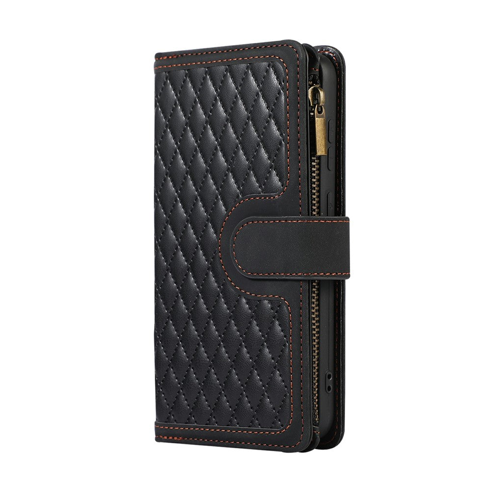 For iPhone 17 Pro Max Case 9 Card Slots Rhombus Design Leather Phone Cover with Wrist Strap - Black