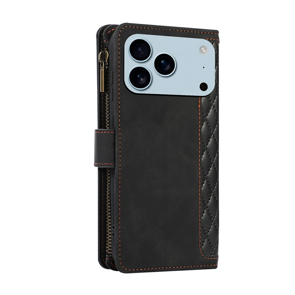 For iPhone 17 Pro Max Case 9 Card Slots Rhombus Design Leather Phone Cover with Wrist Strap - Black