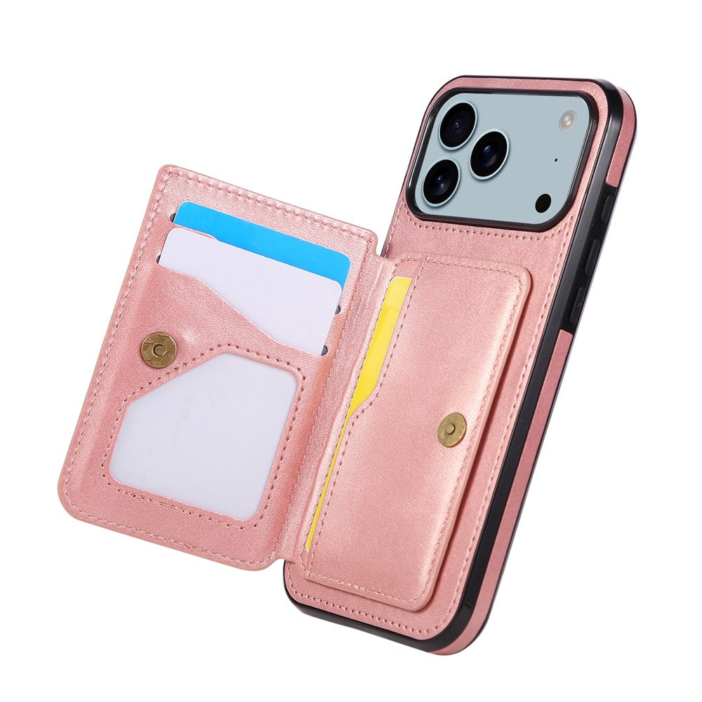 For iPhone 17 Pro Max Case Card Holder Kickstand PU Leather + TPU Phone Cover - Rose Gold