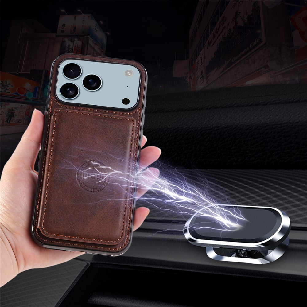 For iPhone 17 Pro Max Case Card Holder Kickstand PU Leather + TPU Phone Cover - Coffee