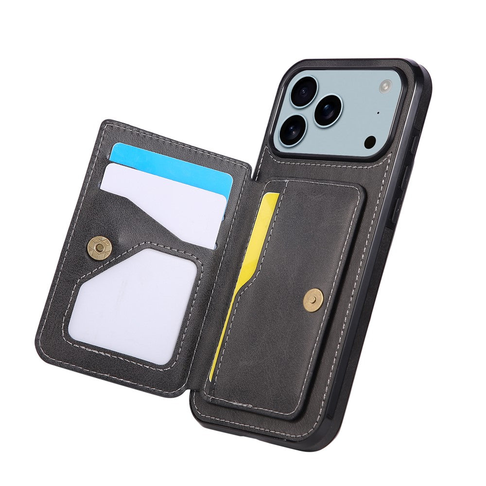For iPhone 17 Pro Max Case Card Holder Kickstand PU Leather + TPU Phone Cover - Black