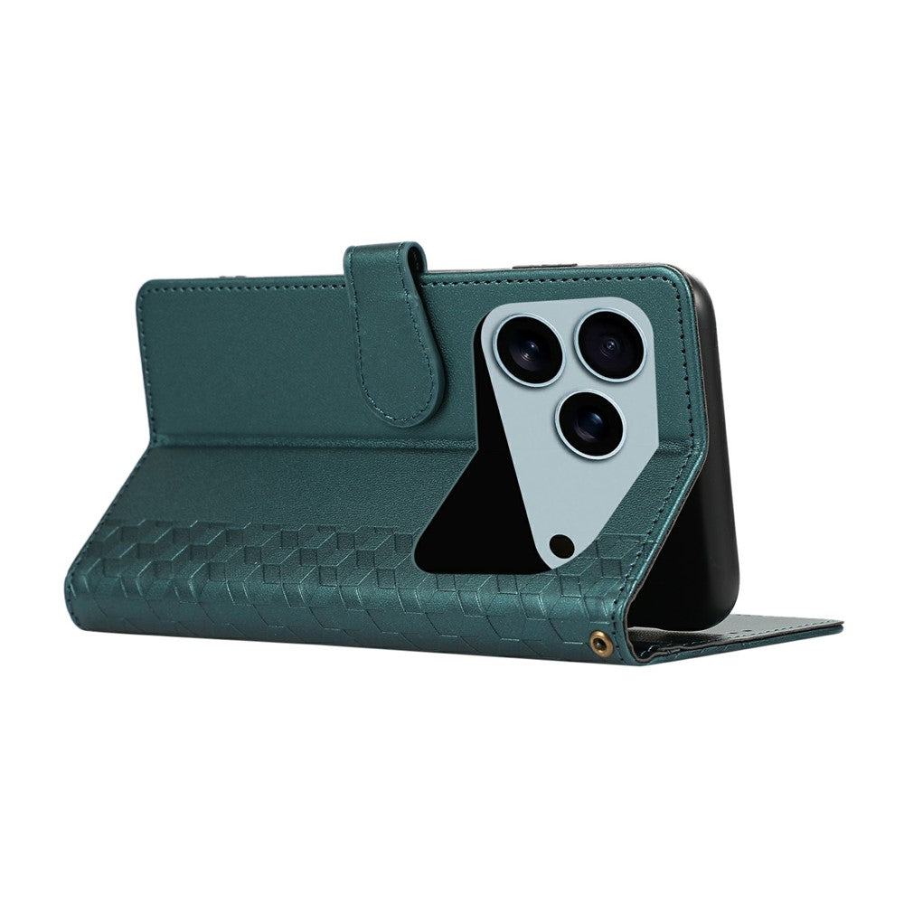 For iPhone 17 Pro Max Case 3D Rhombus Grid Imprinted Wallet Leather Phone Cover with Lanyard - Green