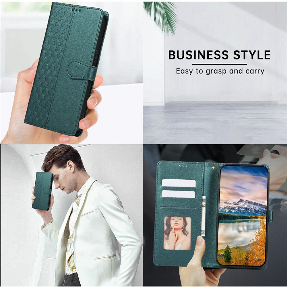 For iPhone 17 Pro Max Case 3D Rhombus Grid Imprinted Wallet Leather Phone Cover with Lanyard - Green