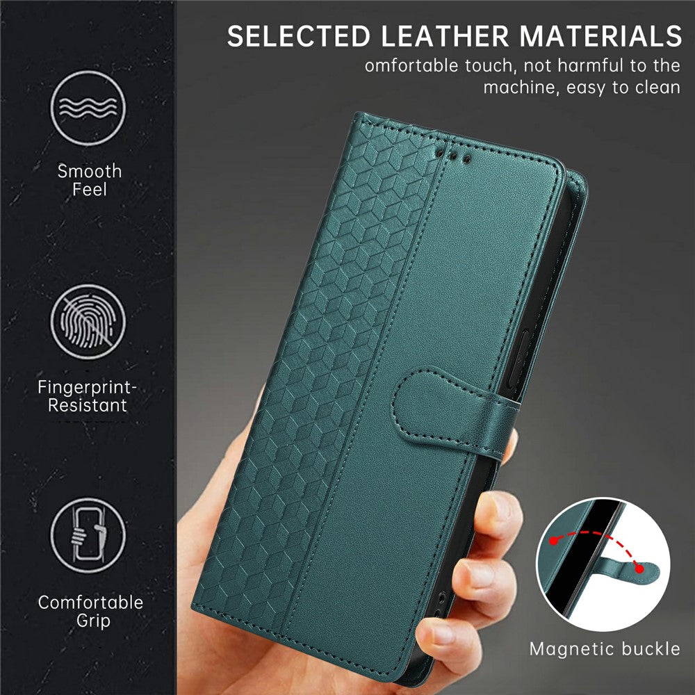 For iPhone 17 Pro Max Case 3D Rhombus Grid Imprinted Wallet Leather Phone Cover with Lanyard - Green