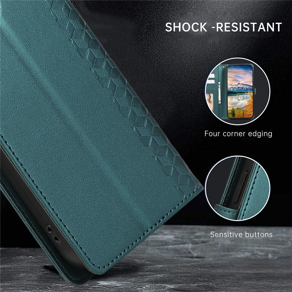 For iPhone 17 Pro Max Case 3D Rhombus Grid Imprinted Wallet Leather Phone Cover with Lanyard - Green