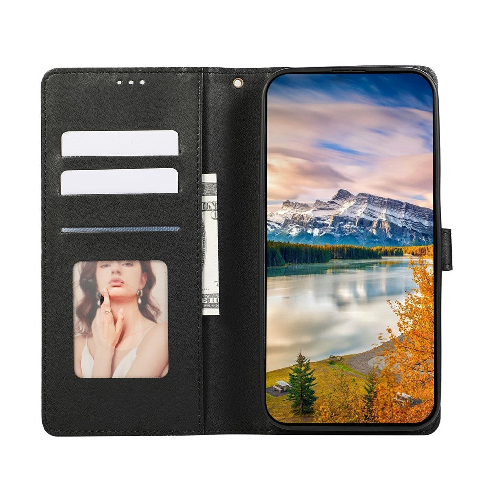 For iPhone 17 Pro Max Case 3D Rhombus Grid Imprinted Wallet Leather Phone Cover with Lanyard - Black