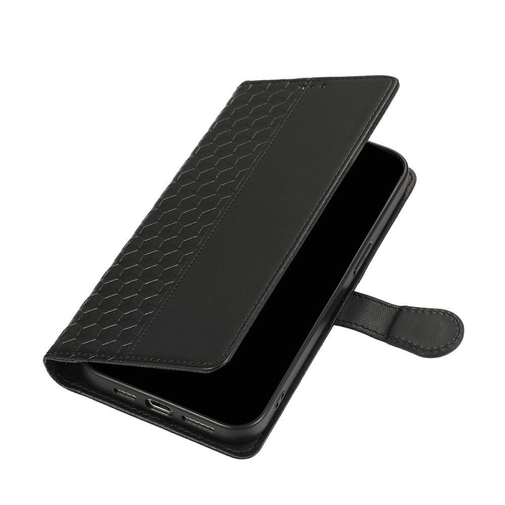 For iPhone 17 Pro Max Case 3D Rhombus Grid Imprinted Wallet Leather Phone Cover with Lanyard - Black