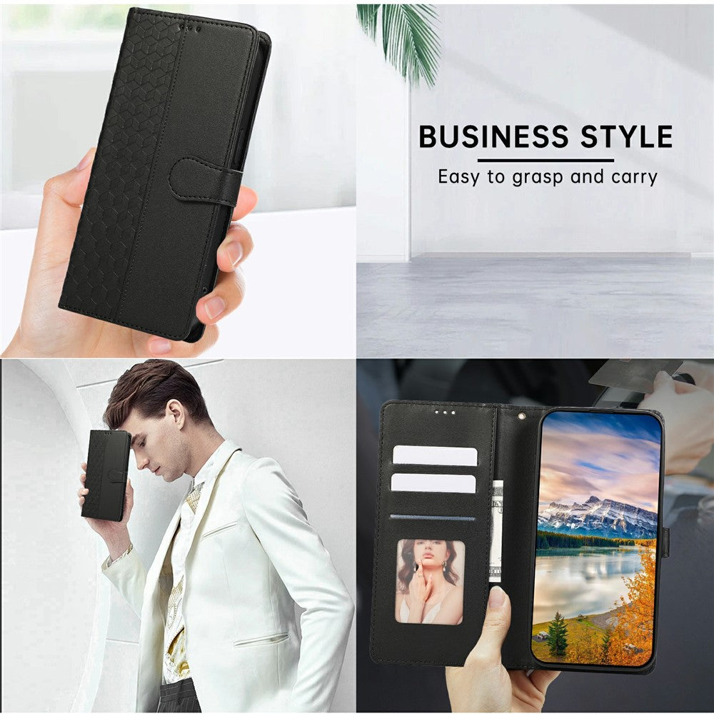 For iPhone 17 Pro Max Case 3D Rhombus Grid Imprinted Wallet Leather Phone Cover with Lanyard - Black