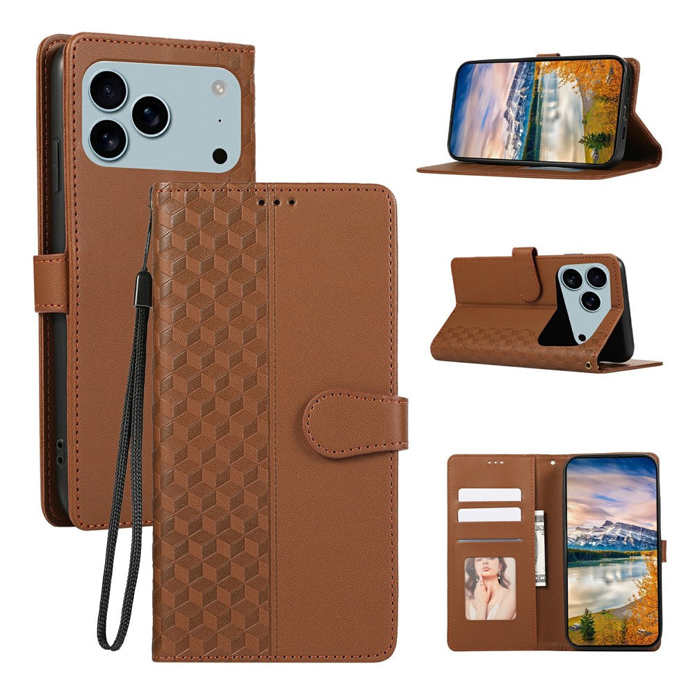 For iPhone 17 Pro Max Case 3D Rhombus Grid Imprinted Wallet Leather Phone Cover with Lanyard - Brown