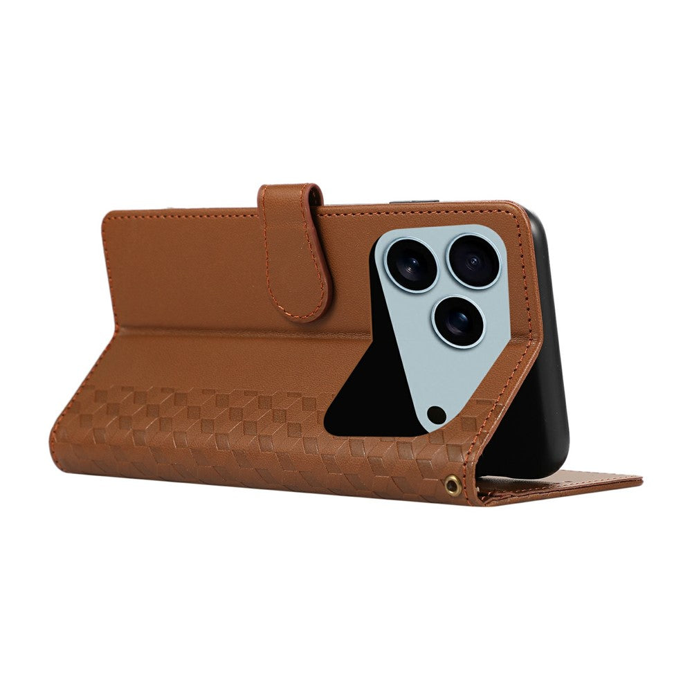 For iPhone 17 Pro Max Case 3D Rhombus Grid Imprinted Wallet Leather Phone Cover with Lanyard - Brown