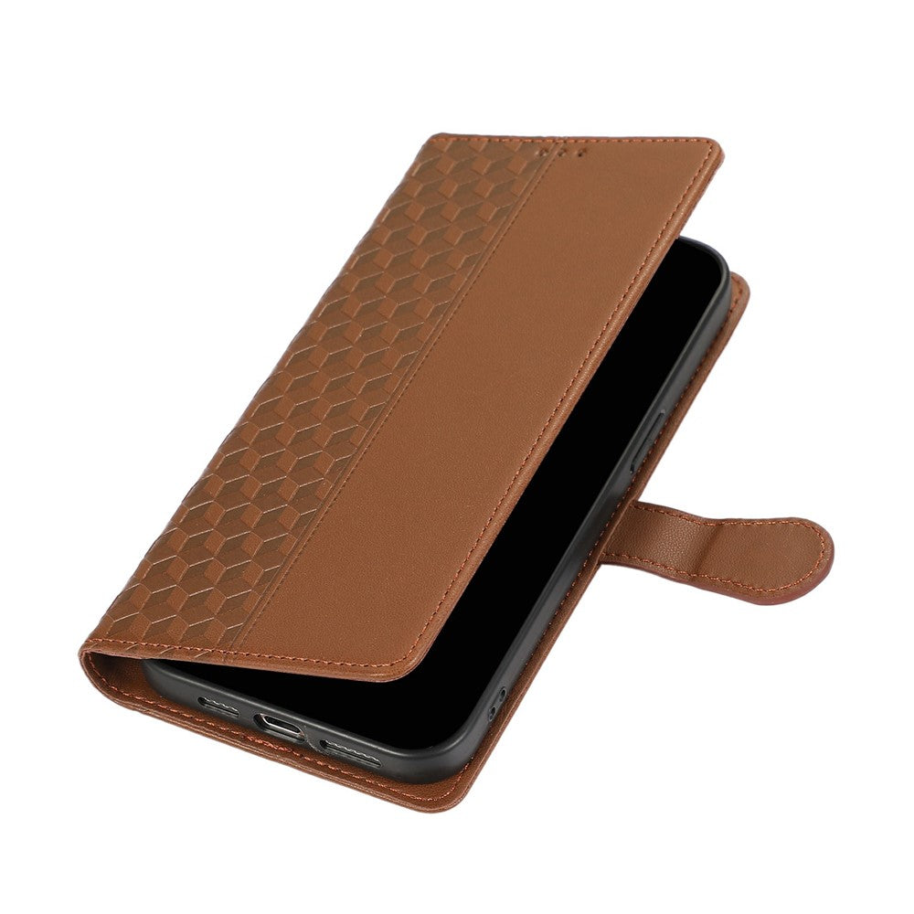 For iPhone 17 Pro Max Case 3D Rhombus Grid Imprinted Wallet Leather Phone Cover with Lanyard - Brown