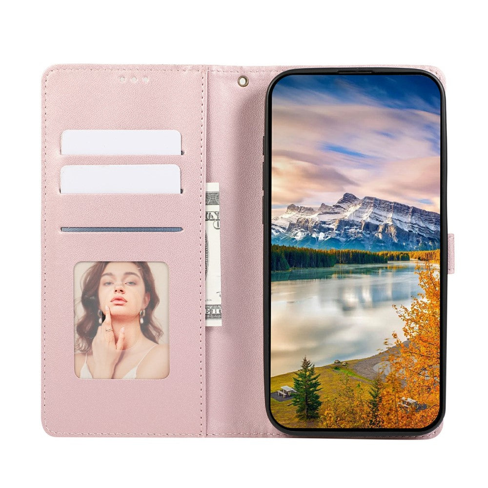 For iPhone 17 Pro Max Case 3D Rhombus Grid Imprinted Wallet Leather Phone Cover with Lanyard - Rose Gold
