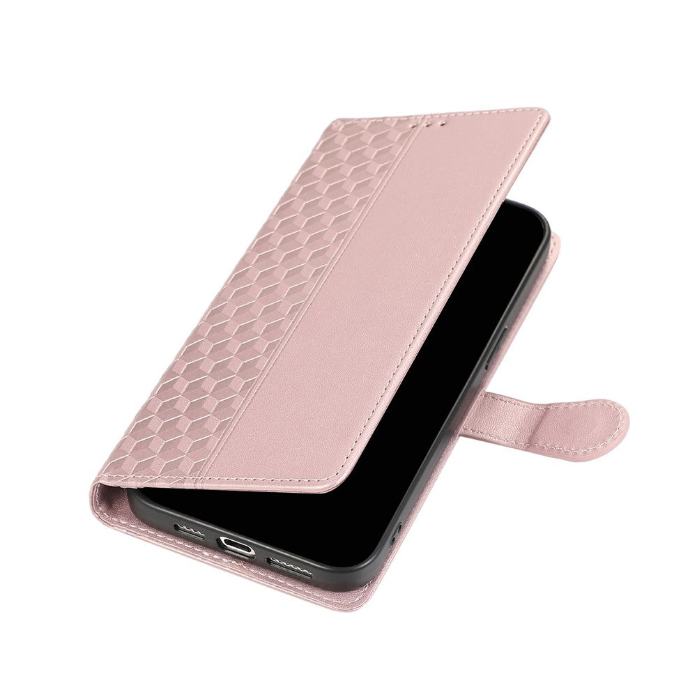 For iPhone 17 Pro Max Case 3D Rhombus Grid Imprinted Wallet Leather Phone Cover with Lanyard - Rose Gold