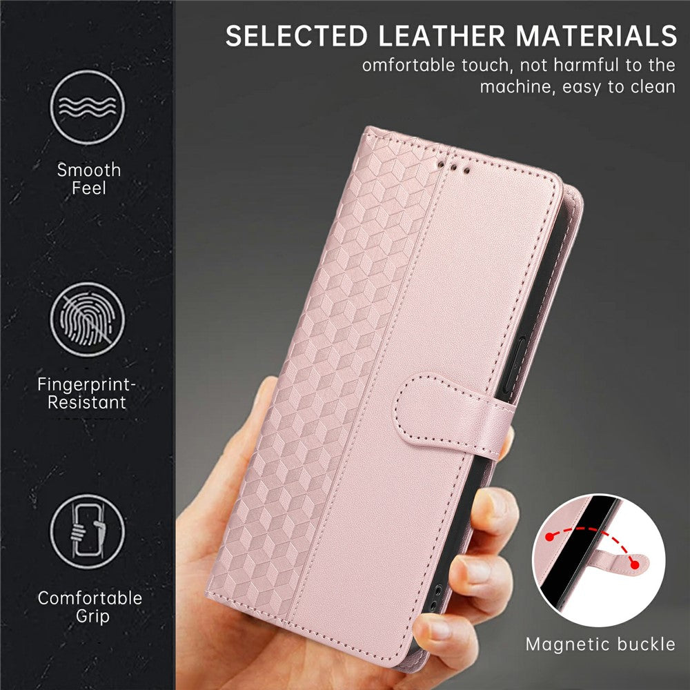 For iPhone 17 Pro Max Case 3D Rhombus Grid Imprinted Wallet Leather Phone Cover with Lanyard - Rose Gold