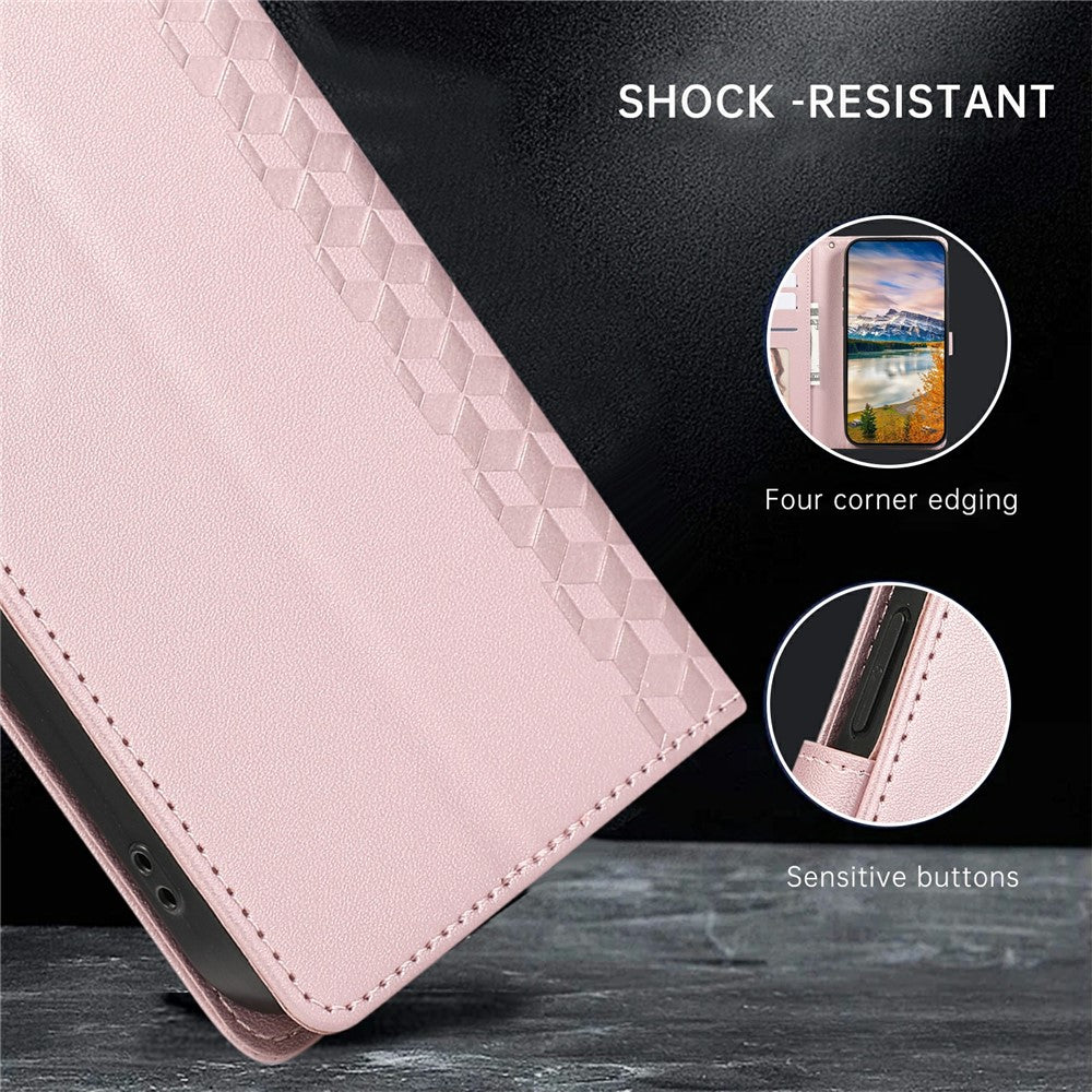 For iPhone 17 Pro Max Case 3D Rhombus Grid Imprinted Wallet Leather Phone Cover with Lanyard - Rose Gold