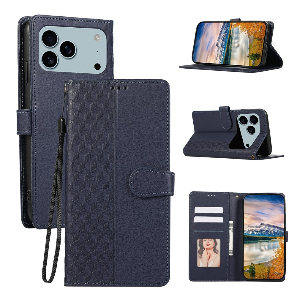 For iPhone 17 Pro Max Case 3D Rhombus Grid Imprinted Wallet Leather Phone Cover with Lanyard - Blue