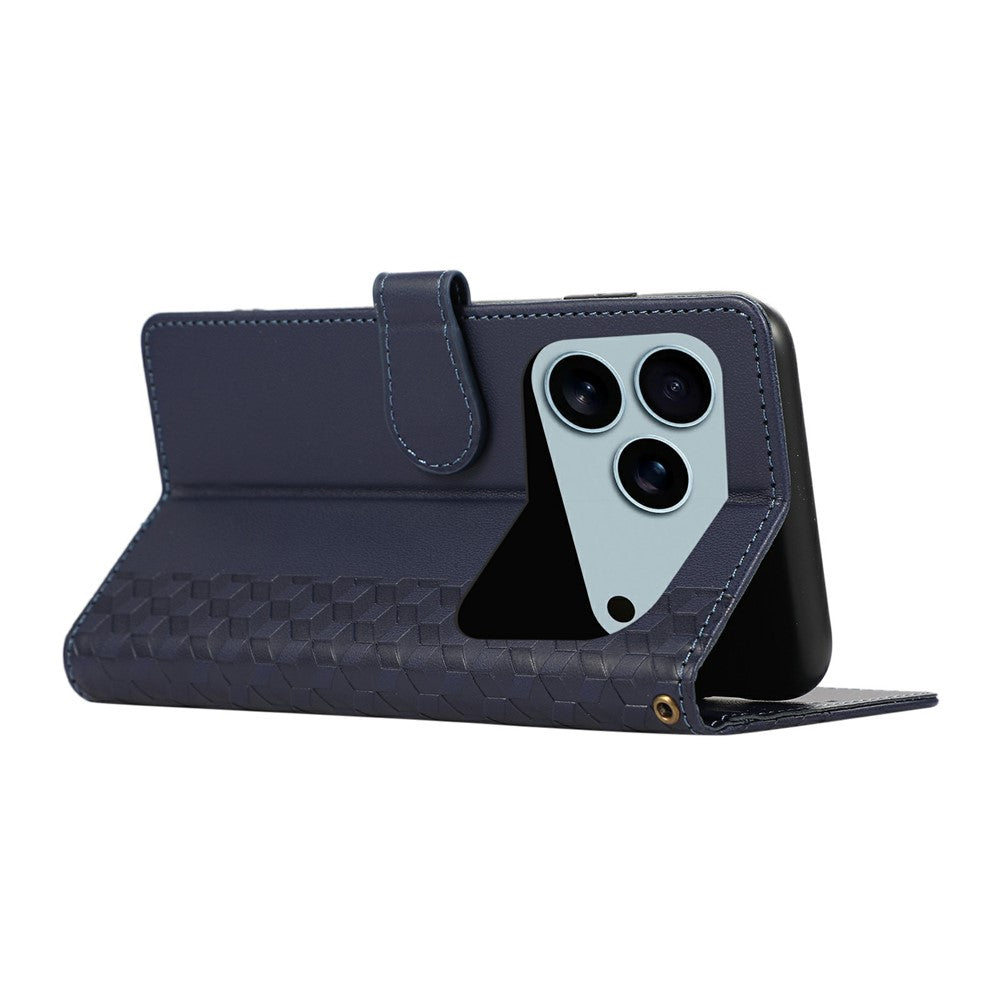 For iPhone 17 Pro Max Case 3D Rhombus Grid Imprinted Wallet Leather Phone Cover with Lanyard - Blue