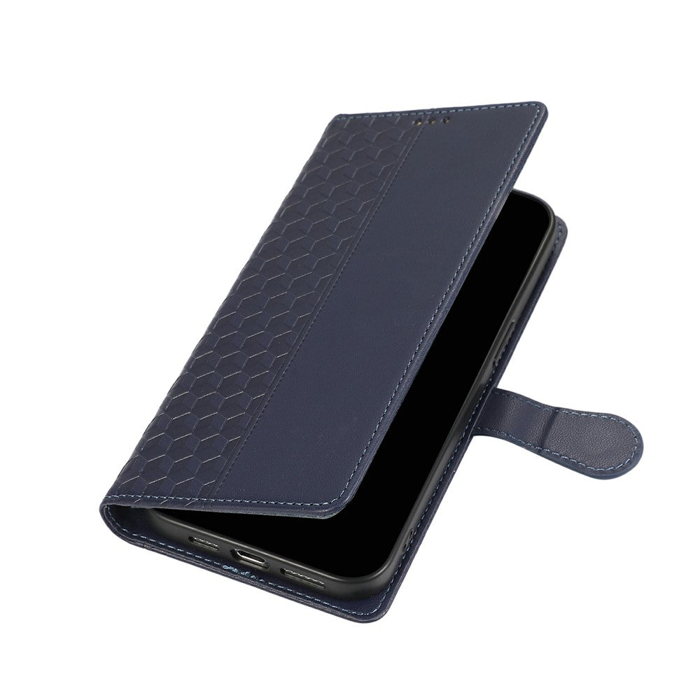 For iPhone 17 Pro Max Case 3D Rhombus Grid Imprinted Wallet Leather Phone Cover with Lanyard - Blue