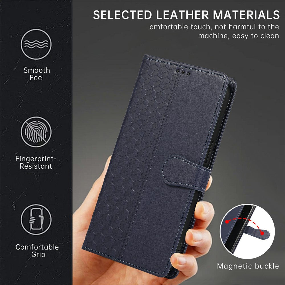 For iPhone 17 Pro Max Case 3D Rhombus Grid Imprinted Wallet Leather Phone Cover with Lanyard - Blue