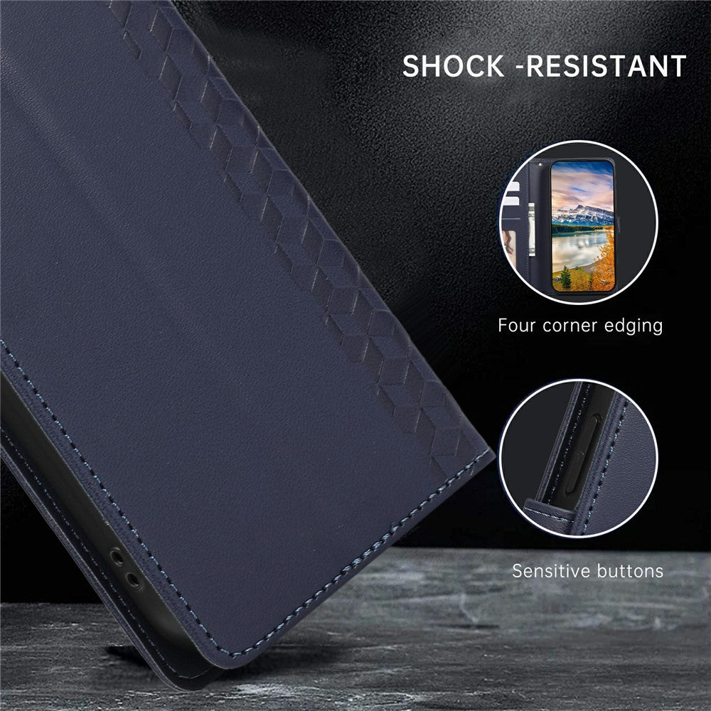 For iPhone 17 Pro Max Case 3D Rhombus Grid Imprinted Wallet Leather Phone Cover with Lanyard - Blue