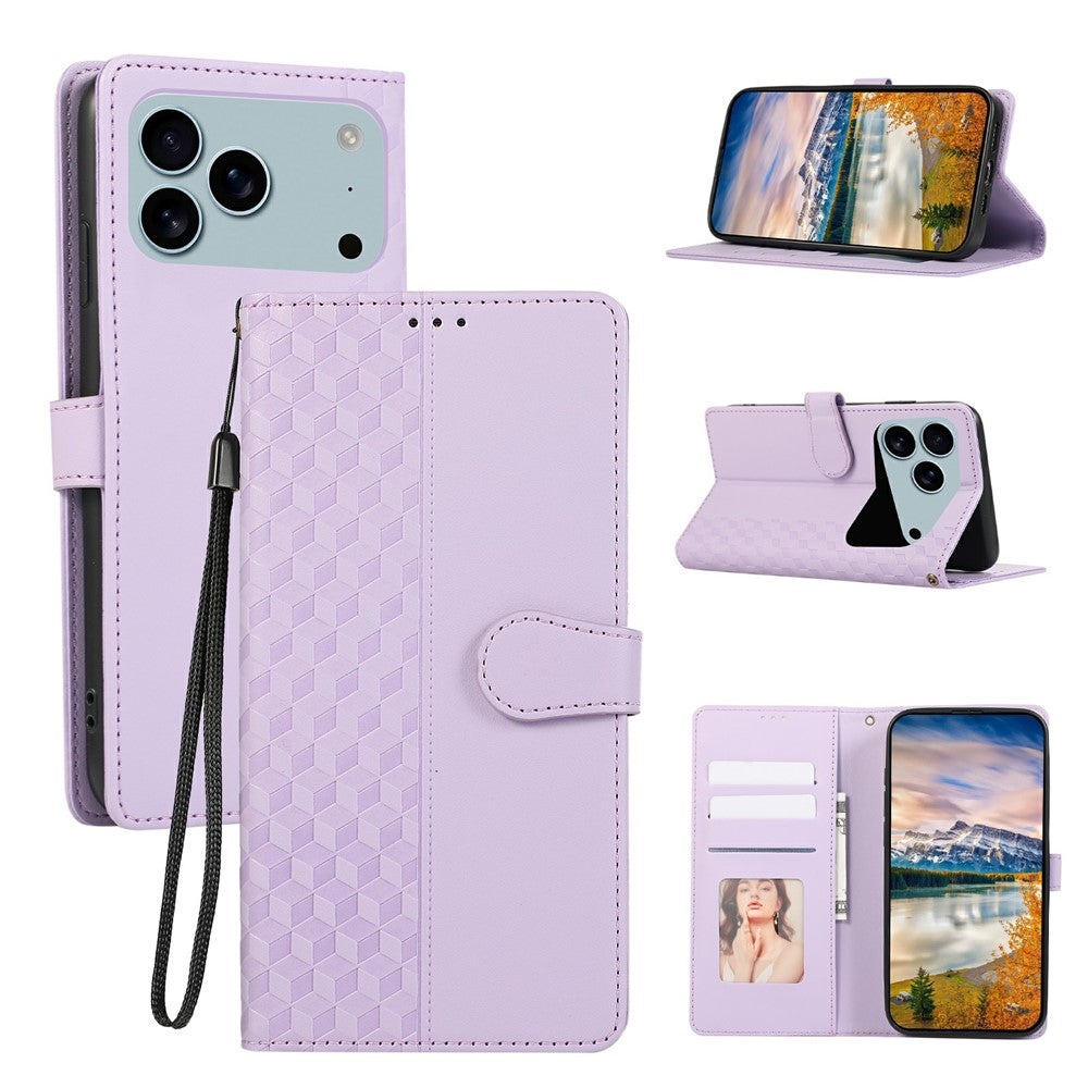 For iPhone 17 Pro Max Case 3D Rhombus Grid Imprinted Wallet Leather Phone Cover with Lanyard - Purple