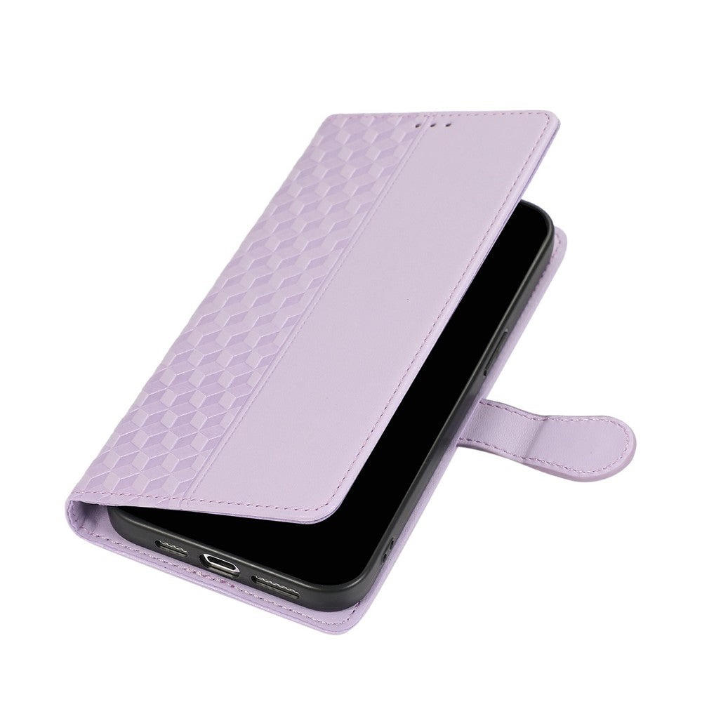 For iPhone 17 Pro Max Case 3D Rhombus Grid Imprinted Wallet Leather Phone Cover with Lanyard - Purple