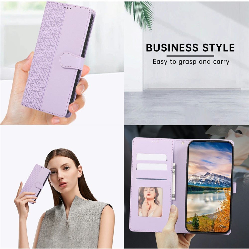 For iPhone 17 Pro Max Case 3D Rhombus Grid Imprinted Wallet Leather Phone Cover with Lanyard - Purple