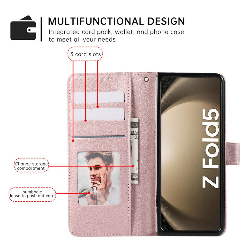 For Samsung Galaxy Z Fold7 5G Case 3D Rhombus Grid Imprinted Wallet Leather Phone Cover with Lanyard - Rose Gold