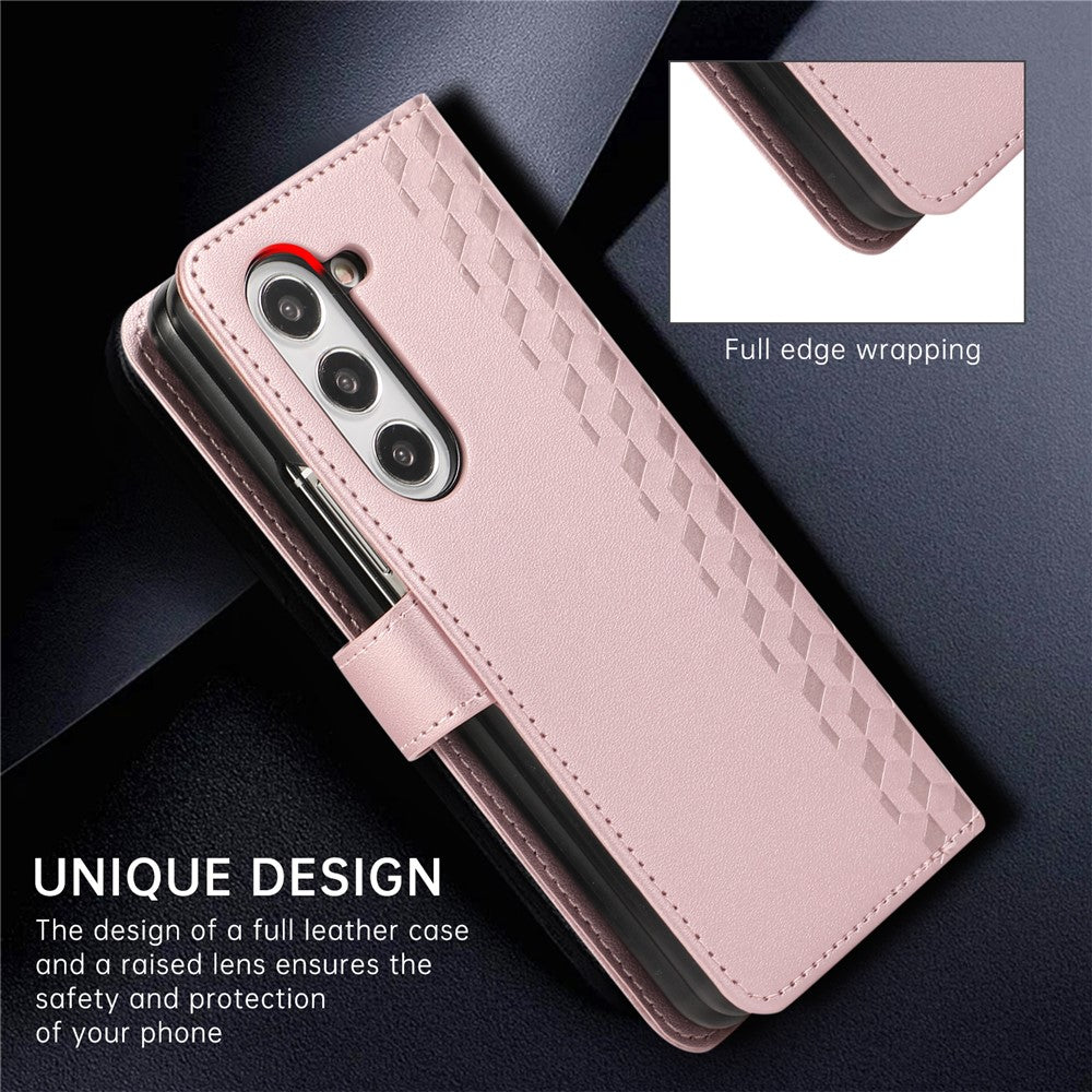 For Samsung Galaxy Z Fold7 5G Case 3D Rhombus Grid Imprinted Wallet Leather Phone Cover with Lanyard - Rose Gold