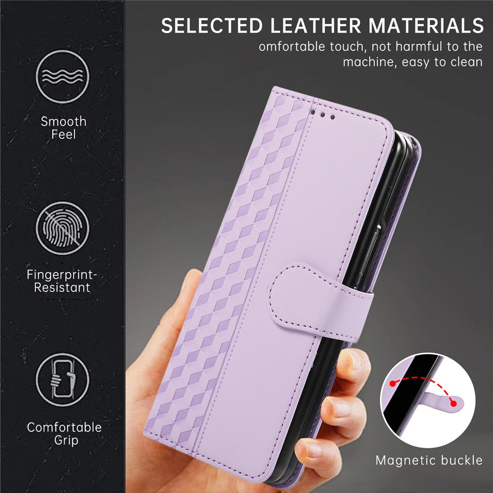 For Samsung Galaxy Z Fold7 5G Case 3D Rhombus Grid Imprinted Wallet Leather Phone Cover with Lanyard - Purple